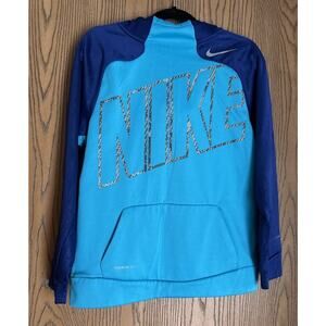 Nike Hoodie Youth XL Boys Pullover Mini Swoosh Sweatshirt Blue Teal Therma Fit
